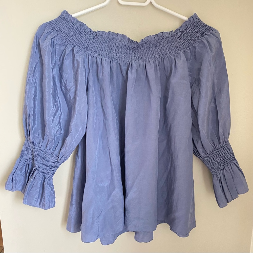 7 FOR ALL MANKIND Silk Off Shoulder Smock Top Blue Size XS Bohemian Cottagecore - Picture 5 of 14